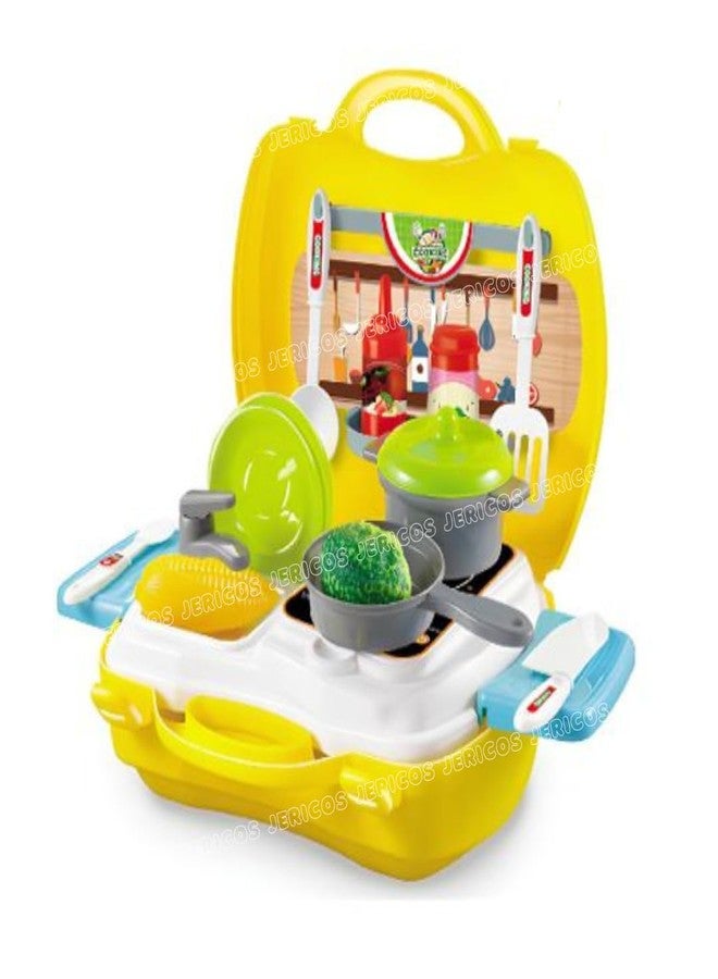 Jericos Kitchen Cooking Roleplay Pretend Set for Kids - 26 Piece Suitcase for Boys & Girls (2+ Year), Little Miniature Accessories Playset, Non-Toxic Plastic Toy Gift Carry Briefcase Chef Game - Image 1